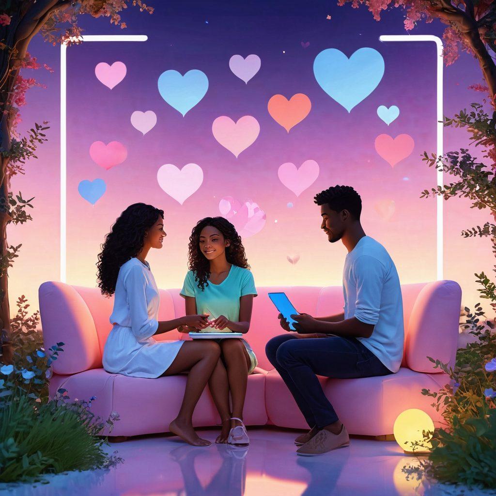 A vibrant digital landscape featuring diverse couples engaging in online activities, surrounded by floating hearts and connection symbols. Illustrate the warmth of human connection with glowing screens and affectionate gestures, blending tech and emotion. Envision a dreamy atmosphere with soft pastel colors enhancing the feeling of devotion and fondness. Use a modern, illustrative style to emphasize the interplay of technology and romance. super-realistic. vibrant colors. 3D.