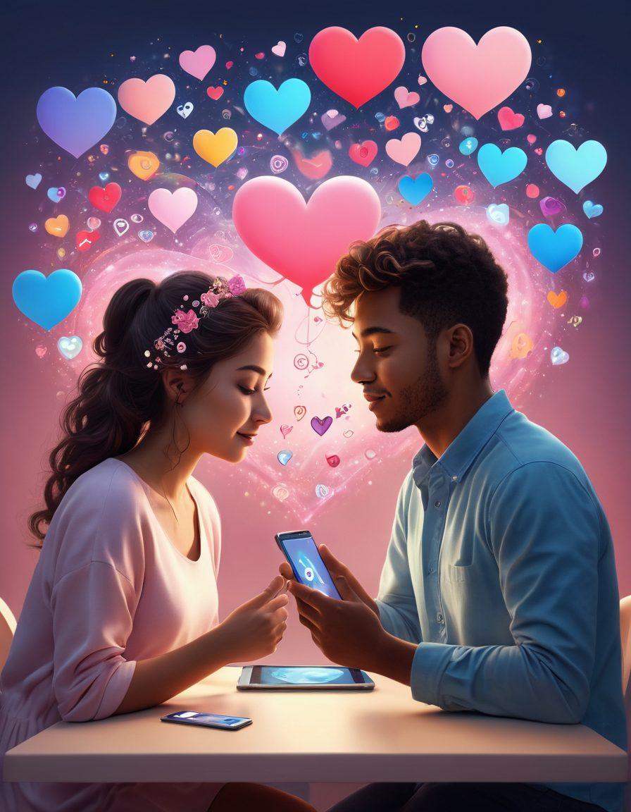 A beautifully illustrated scene depicting two individuals engaging in a virtual conversation on their devices, with hearts and emoji icons swirling around them, symbolizing the evolution from likes to deep affection. The background features a blend of digital elements like chat bubbles and social media icons seamlessly merging into a warm, romantic setting. This contrast of digital and emotional connection is visually represented through soft pastel colors and heartwarming details like flowers and sparkles. vibrant colors. digital art.